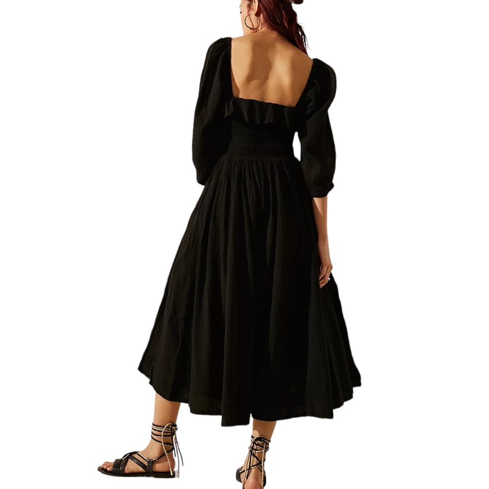 Free People Black Midi Puff Sleeve Smocked Dress - Picture 2 of 13